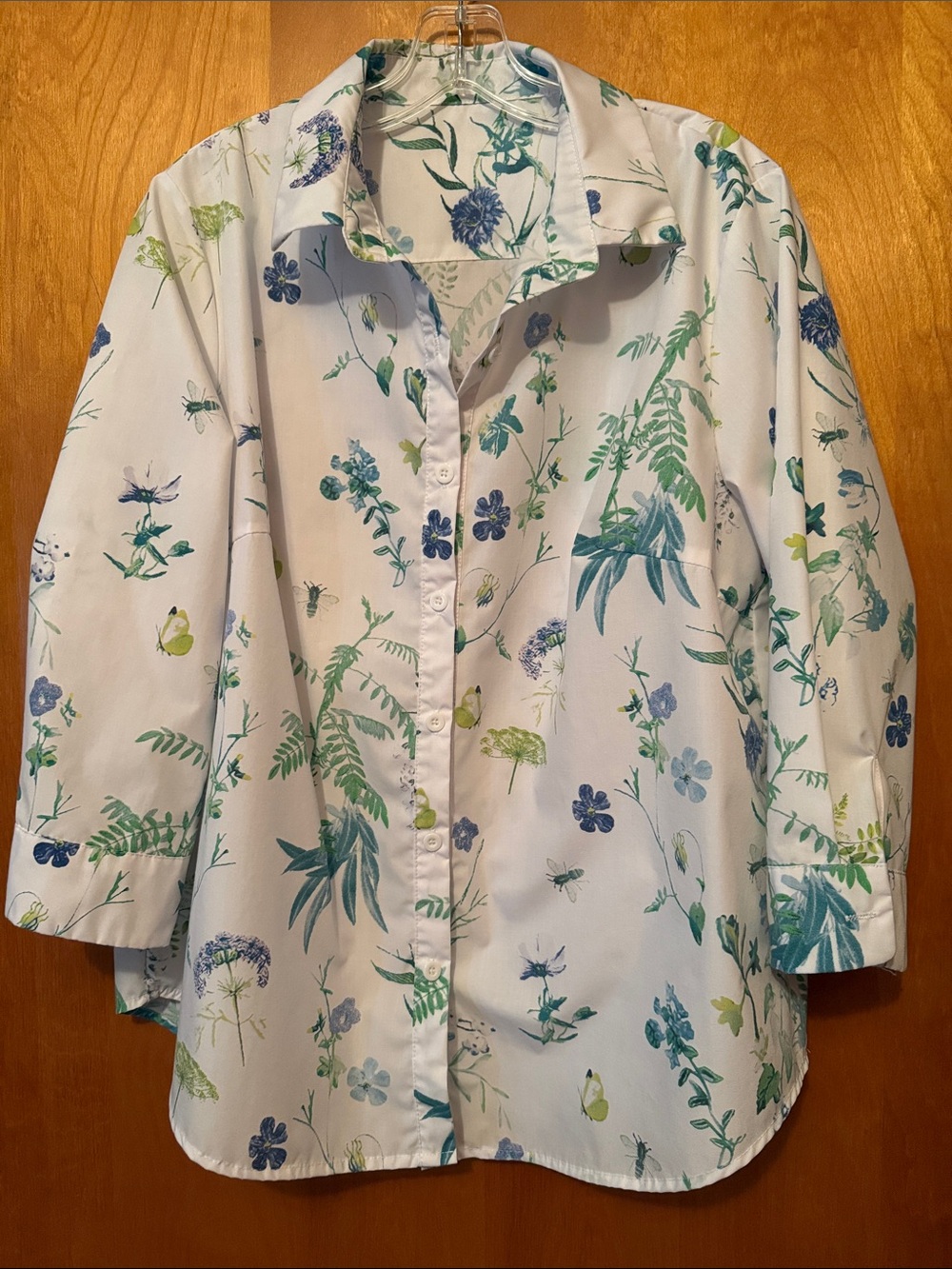 Woman’s White Floral Button-Down Shirt - Blue & Green Print XL